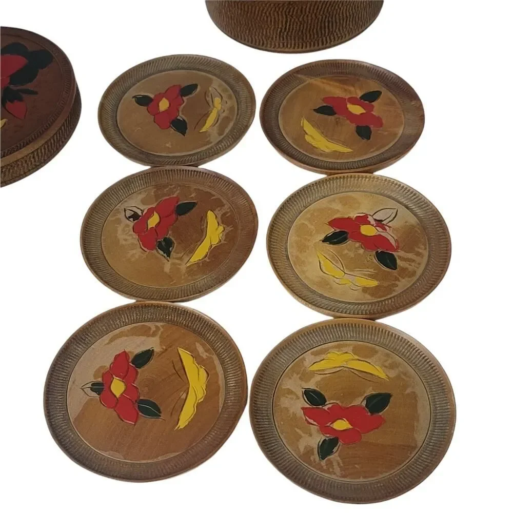 Vintage 20th Century Japanese Hand Carved Box and 6 Coaster‎ Set Floral Flowers